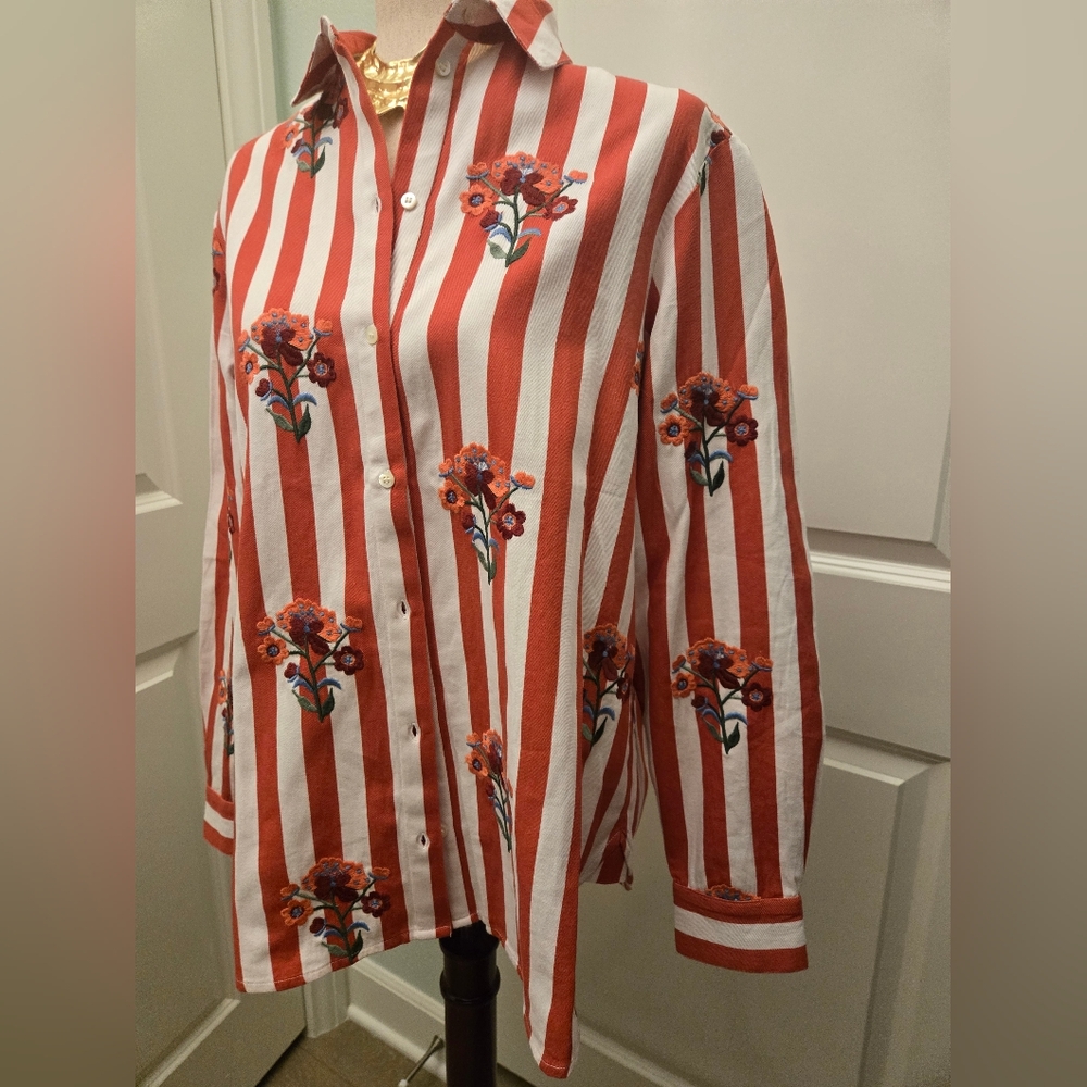 Sezane MAXY ROSE ๐น Embroidered Flowers on Red And White Stripes Size 34 - Picture 5 of 11